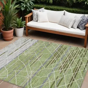 Photo of Artichoke Green And Ivory Striped Washable Indoor Outdoor Area Rug
