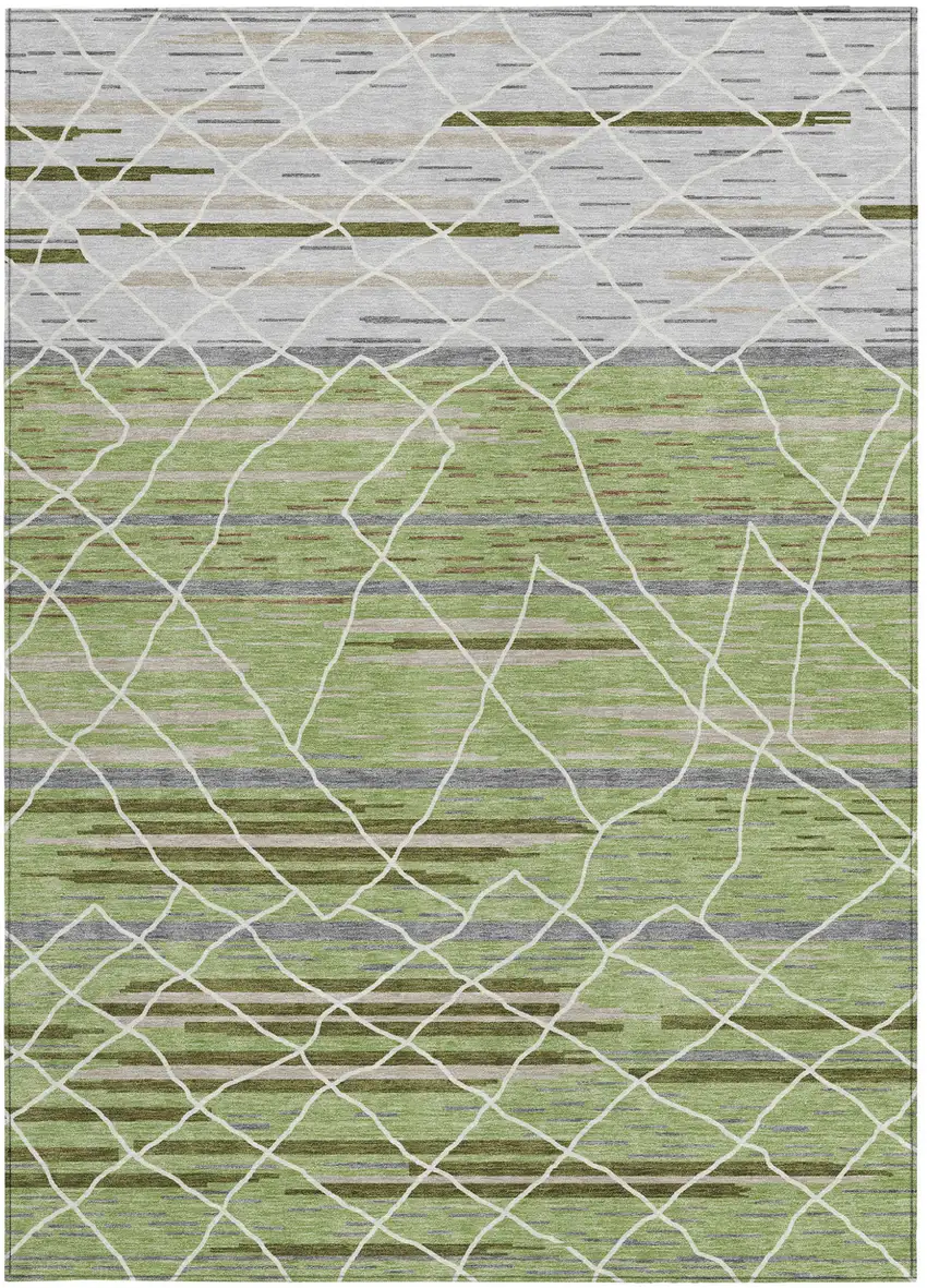 Artichoke Green And Ivory Striped Washable Indoor Outdoor Area Rug Photo 8