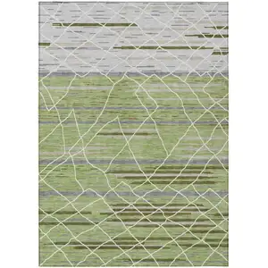 Photo of Artichoke Green And Ivory Striped Washable Indoor Outdoor Area Rug