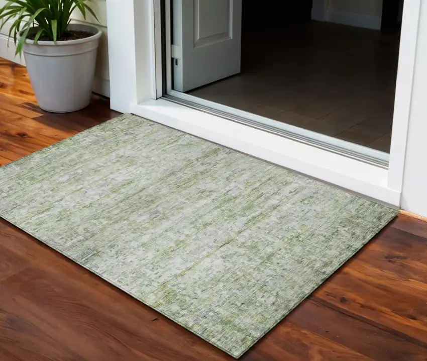 Artichoke Green And Ivory Striped Washable Indoor Outdoor Area Rug Photo 1