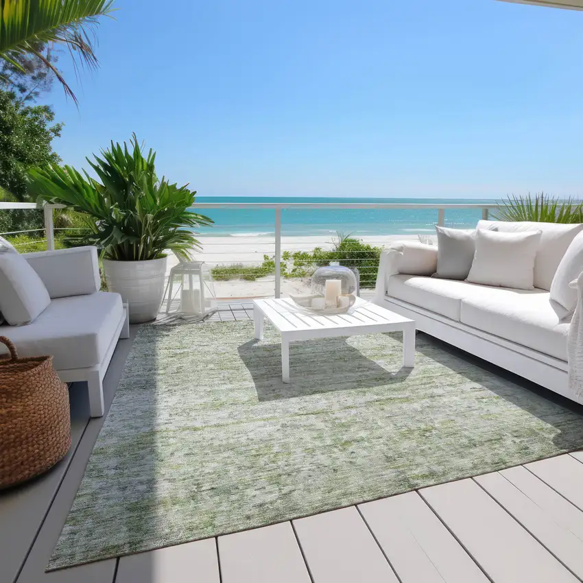 Artichoke Green And Ivory Striped Washable Indoor Outdoor Area Rug Photo 9