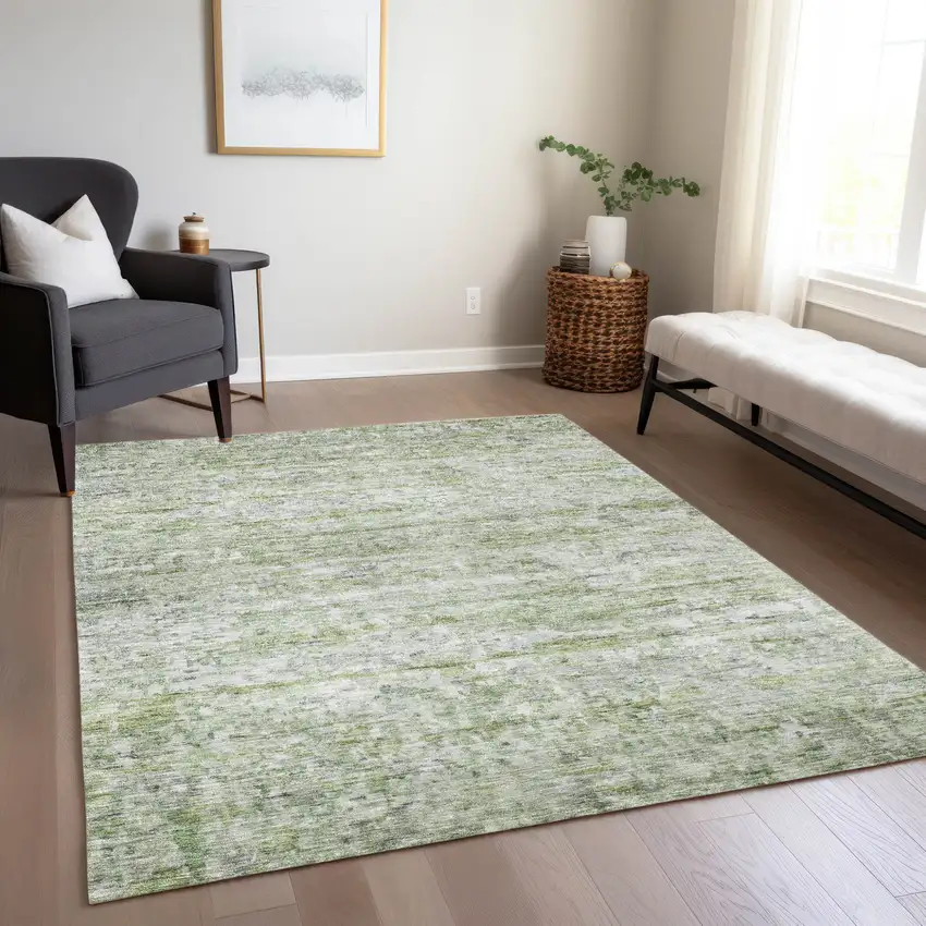 Artichoke Green And Ivory Striped Washable Indoor Outdoor Area Rug Photo 9