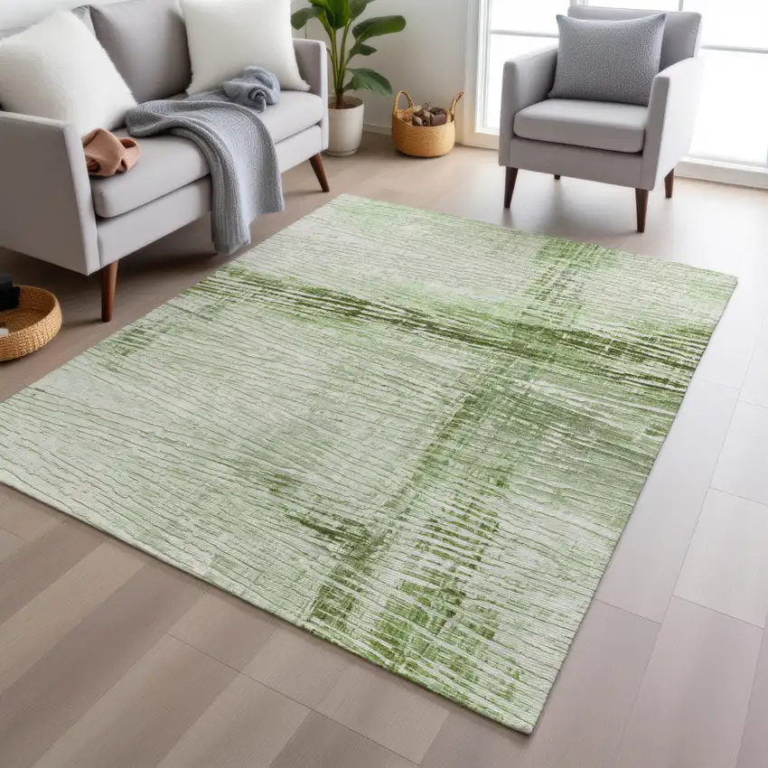 Artichoke Green And Ivory Striped Washable Indoor Outdoor Area Rug Photo 6