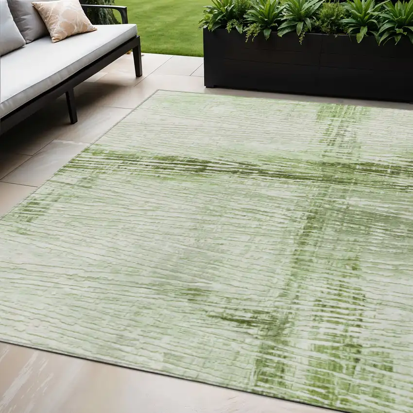 Artichoke Green And Ivory Striped Washable Indoor Outdoor Area Rug Photo 2