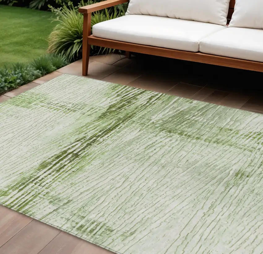 Artichoke Green And Ivory Striped Washable Indoor Outdoor Area Rug Photo 2