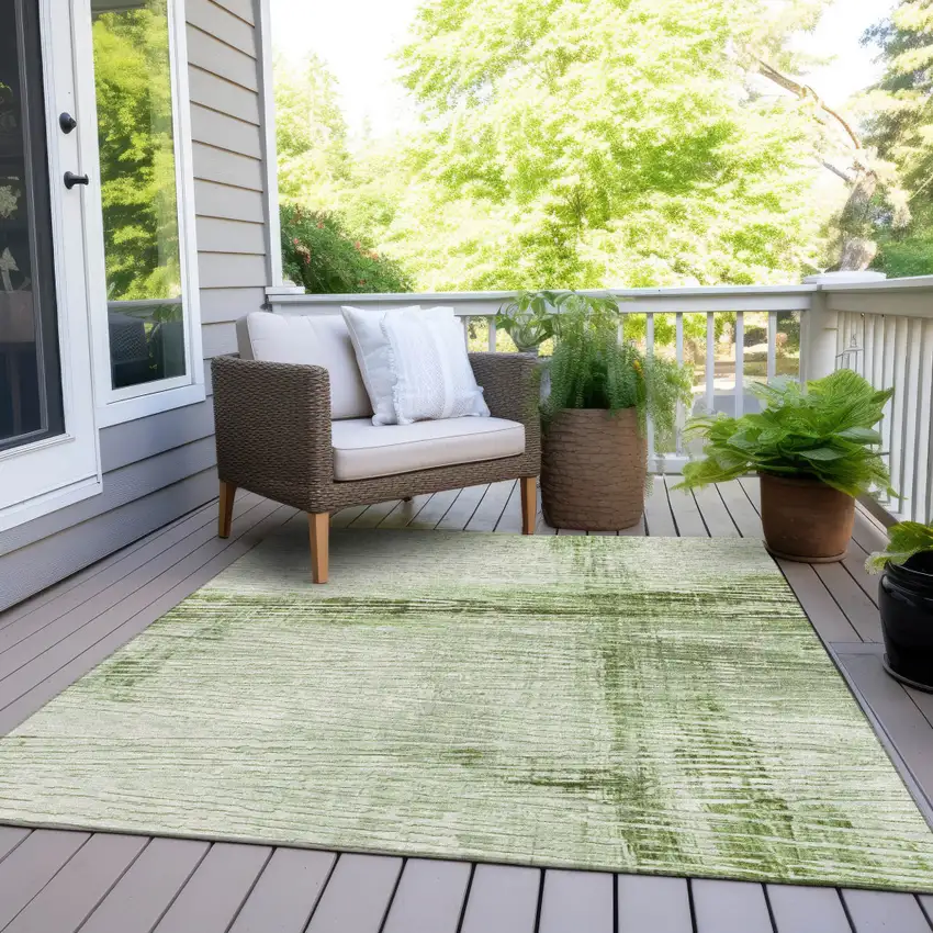 Artichoke Green And Ivory Striped Washable Indoor Outdoor Area Rug Photo 8
