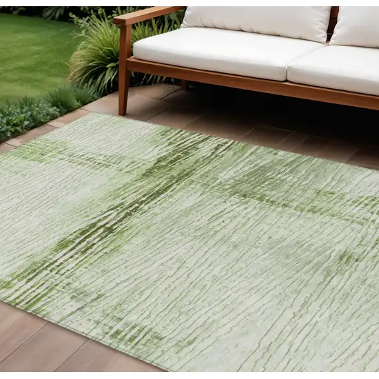 Artichoke Green And Ivory Striped Washable Indoor Outdoor Area Rug Photo 2