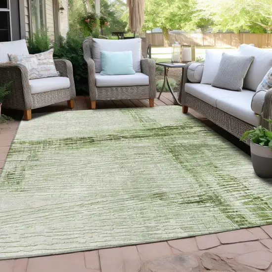 Artichoke Green And Ivory Striped Washable Indoor Outdoor Area Rug Photo 5