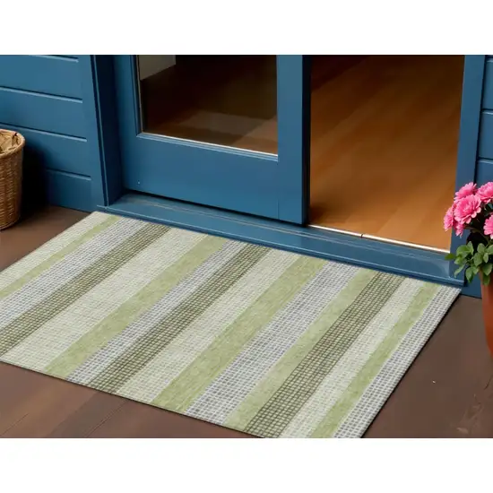 Artichoke Green And Ivory Striped Washable Indoor Outdoor Area Rug Photo 2