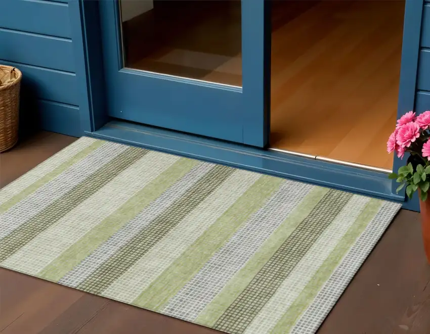Artichoke Green And Ivory Striped Washable Indoor Outdoor Area Rug Photo 2