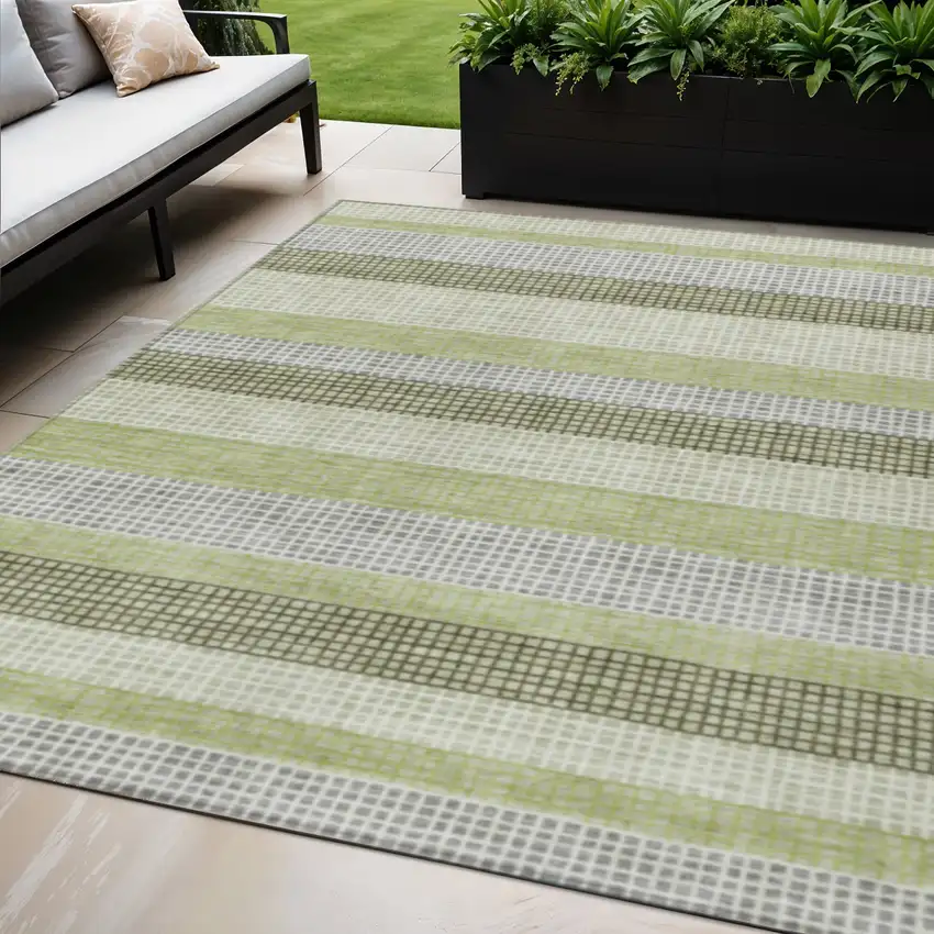 Artichoke Green And Ivory Striped Washable Indoor Outdoor Area Rug Photo 2