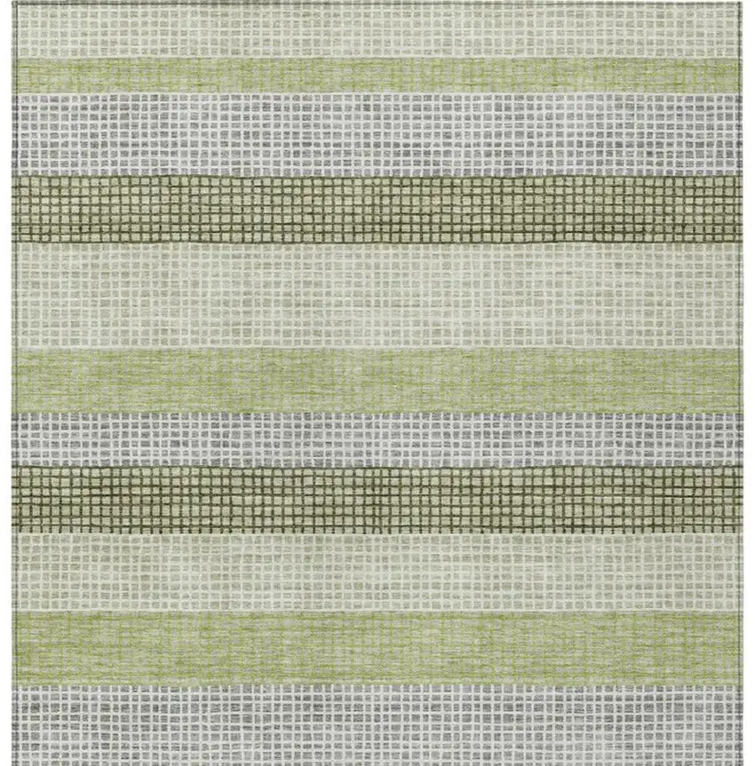 Artichoke Green And Ivory Striped Washable Indoor Outdoor Area Rug Photo 9