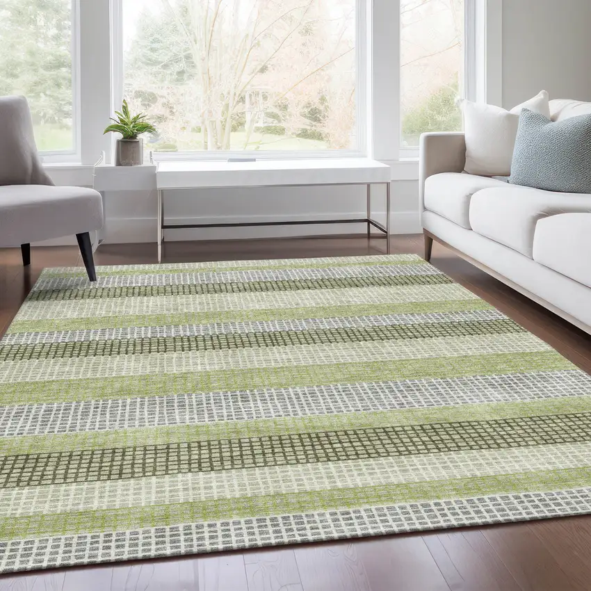 Artichoke Green And Ivory Striped Washable Indoor Outdoor Area Rug Photo 7