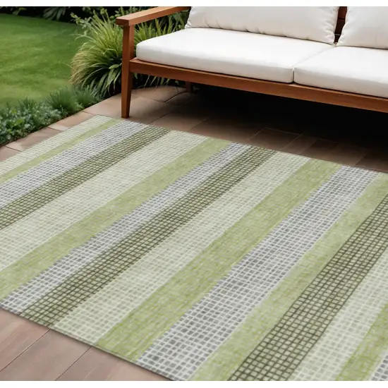 Artichoke Green And Ivory Striped Washable Indoor Outdoor Area Rug Photo 2