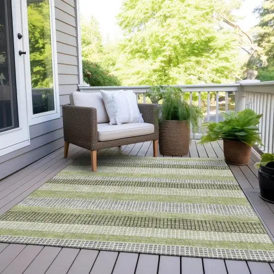 Artichoke Green And Ivory Striped Washable Indoor Outdoor Area Rug Photo 8