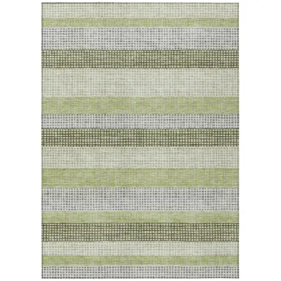Artichoke Green And Ivory Striped Washable Indoor Outdoor Area Rug Photo 9