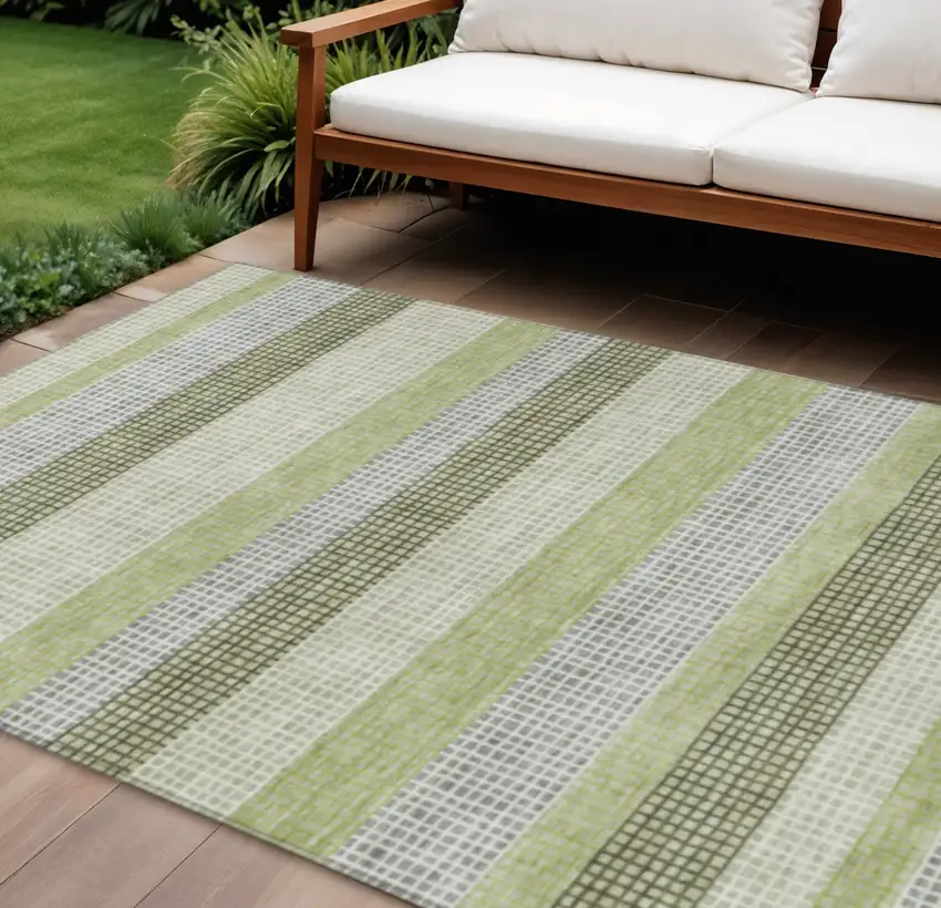Artichoke Green And Ivory Striped Washable Indoor Outdoor Area Rug Photo 2