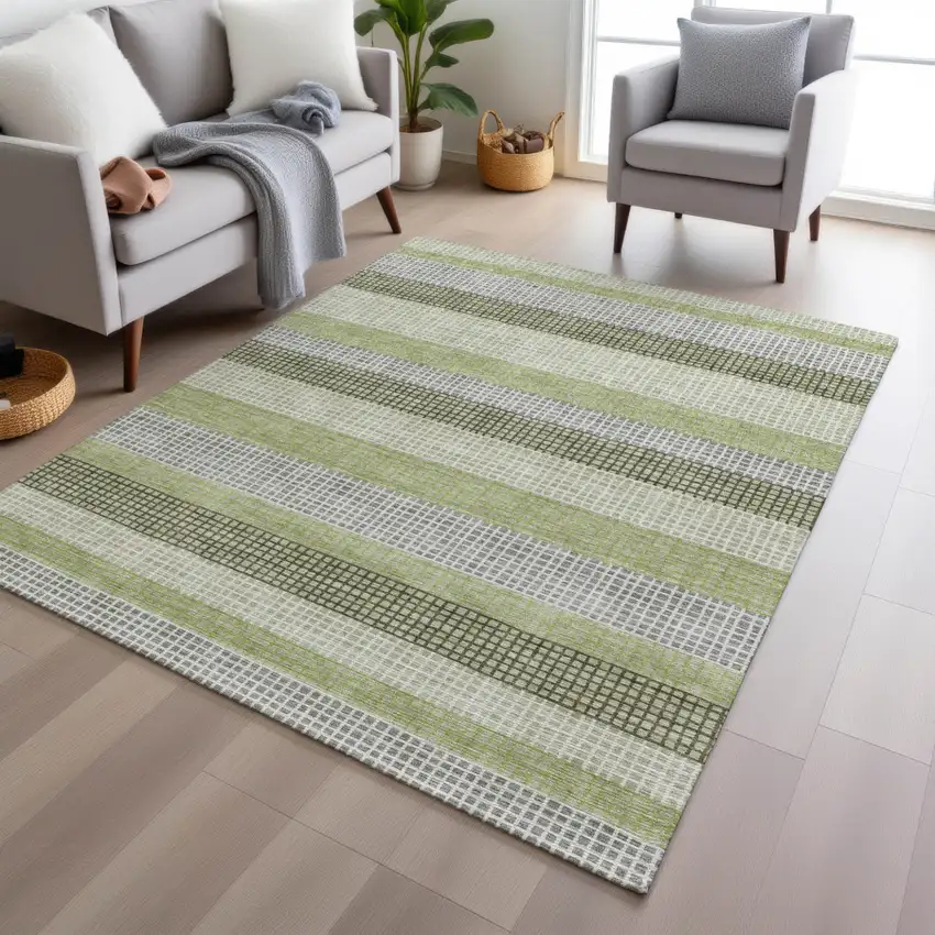 Artichoke Green And Ivory Striped Washable Indoor Outdoor Area Rug Photo 6