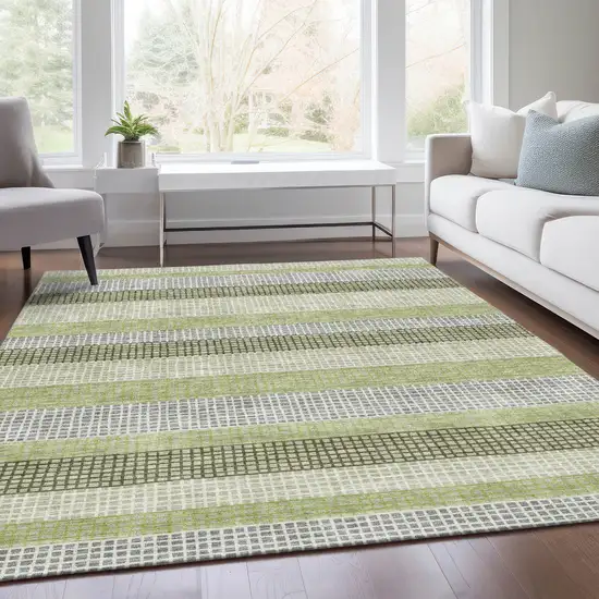 Artichoke Green And Ivory Striped Washable Indoor Outdoor Area Rug Photo 7