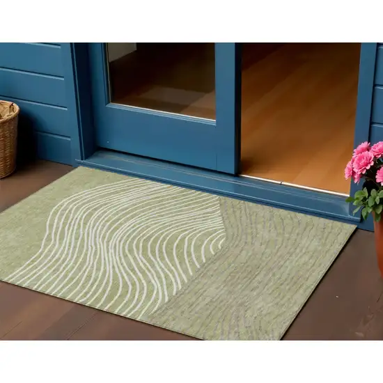 Artichoke Green And Ivory Striped Washable Indoor Outdoor Area Rug Photo 1