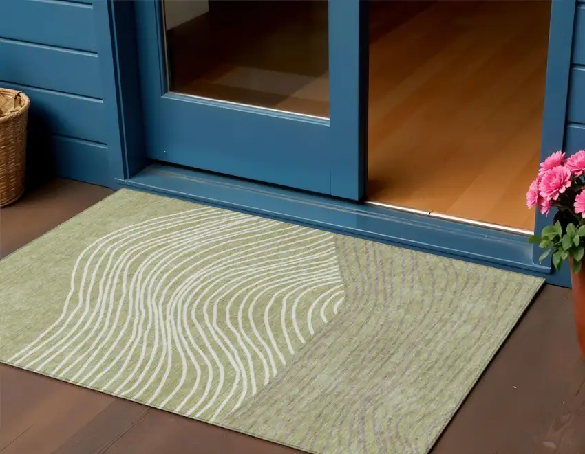 Artichoke Green And Ivory Striped Washable Indoor Outdoor Area Rug Photo 1