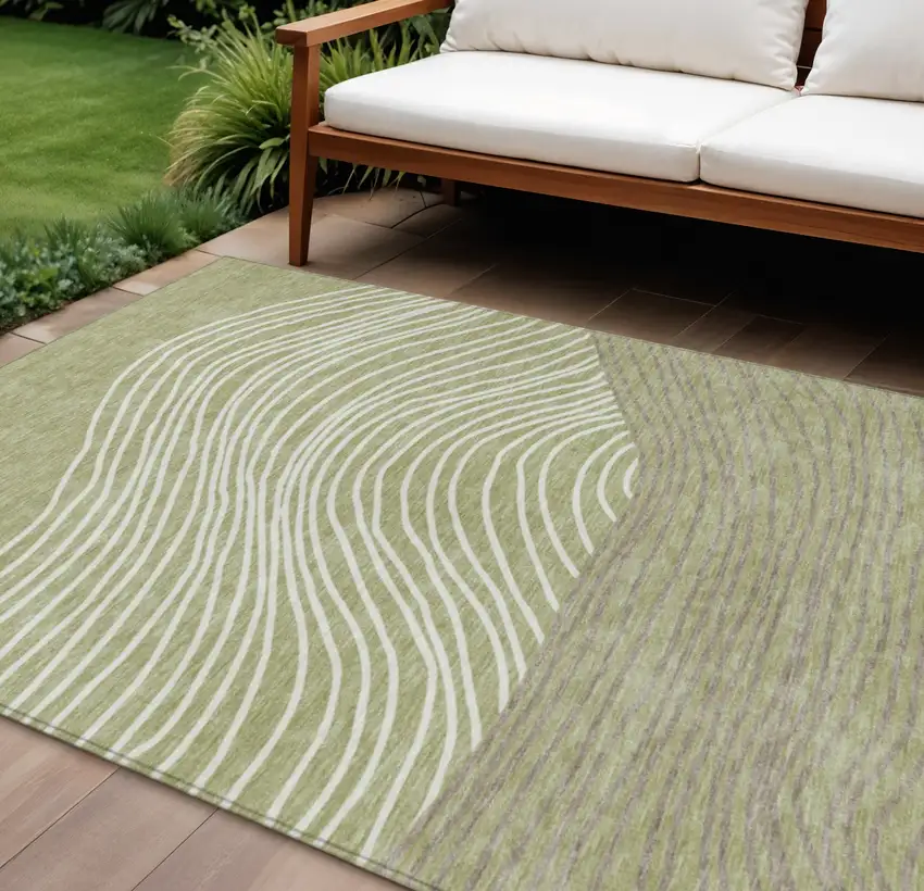 Artichoke Green And Ivory Striped Washable Indoor Outdoor Area Rug Photo 1