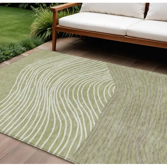 Artichoke Green And Ivory Striped Washable Indoor Outdoor Area Rug Photo 1