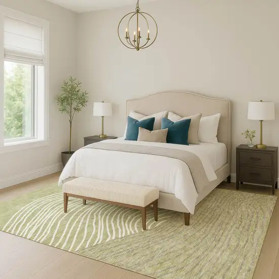 Artichoke Green And Ivory Striped Washable Indoor Outdoor Area Rug Photo 9