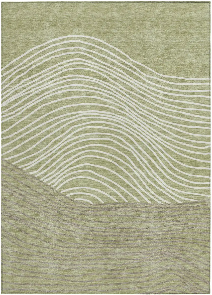 Artichoke Green And Ivory Striped Washable Indoor Outdoor Area Rug Photo 5