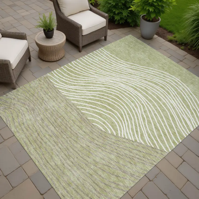 Artichoke Green And Ivory Striped Washable Indoor Outdoor Area Rug Photo 8