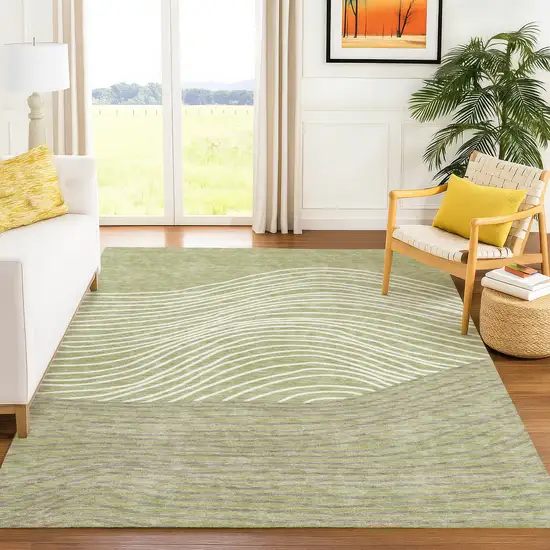 Artichoke Green And Ivory Striped Washable Indoor Outdoor Area Rug Photo 9
