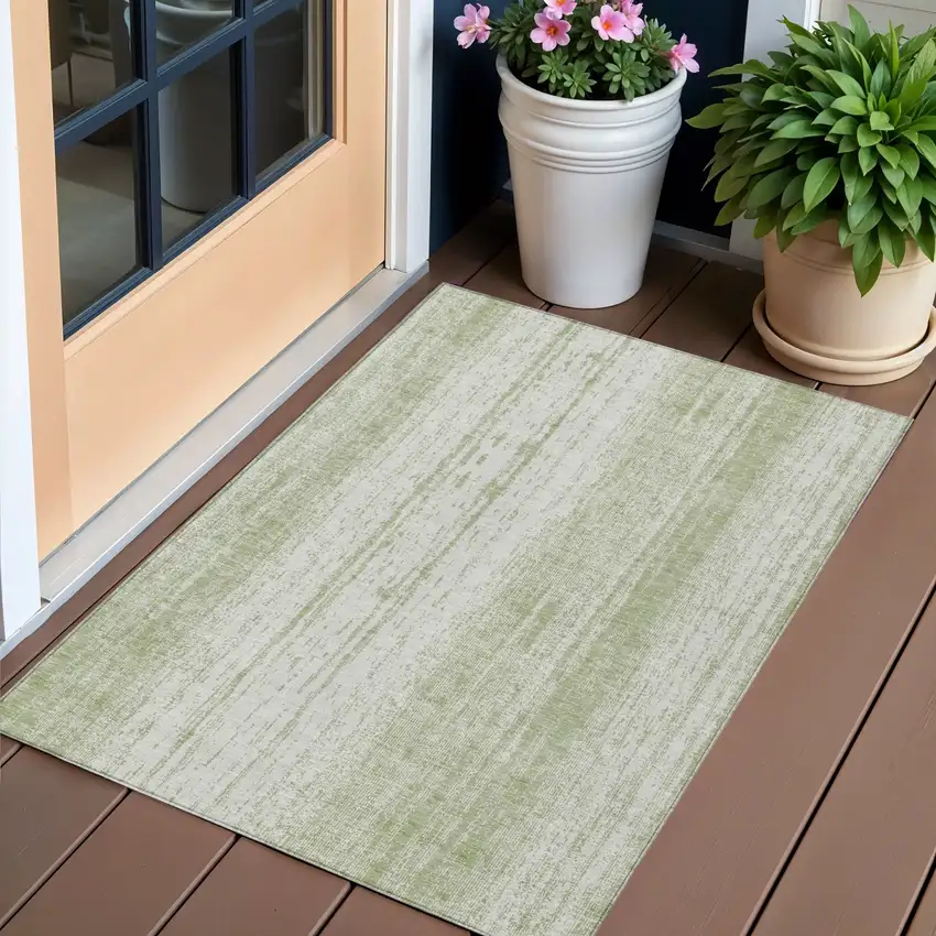 Artichoke Green And Ivory Striped Washable Indoor Outdoor Area Rug Photo 1