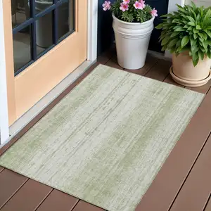 Photo of Artichoke Green And Ivory Striped Washable Indoor Outdoor Area Rug