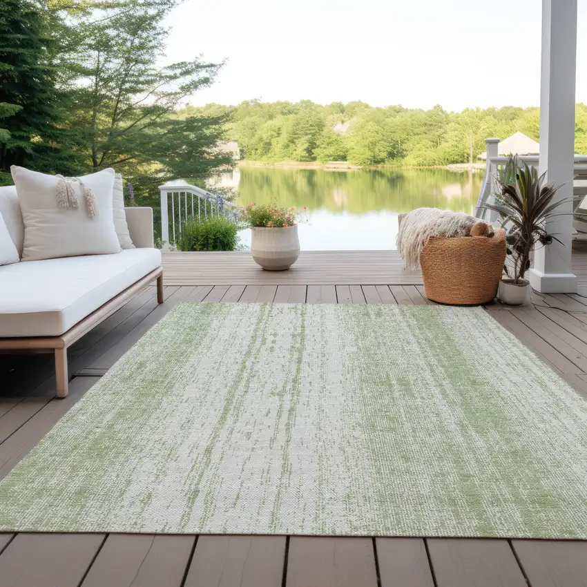 Artichoke Green And Ivory Striped Washable Indoor Outdoor Area Rug Photo 8