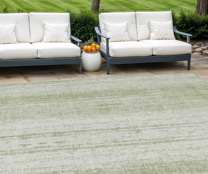 Artichoke Green And Ivory Striped Washable Indoor Outdoor Area Rug Photo 1