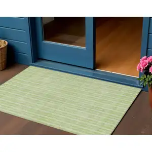 Photo of Artichoke Green And Ivory Striped Washable Indoor Outdoor Area Rug