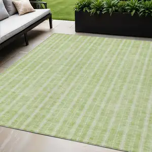 Photo of Artichoke Green And Ivory Striped Washable Indoor Outdoor Area Rug