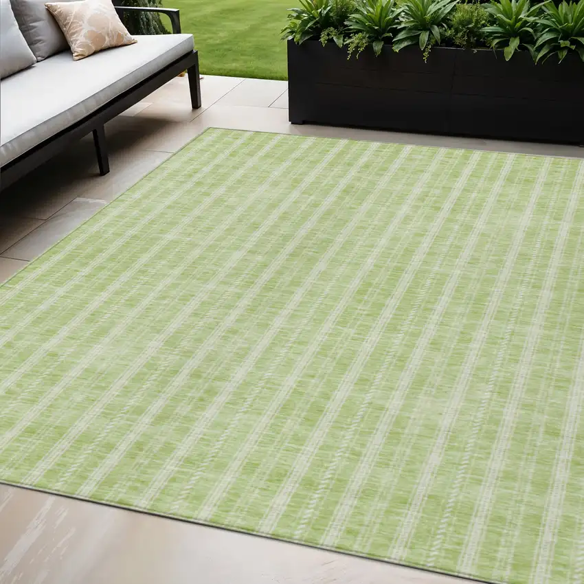 Artichoke Green And Ivory Striped Washable Indoor Outdoor Area Rug Photo 1