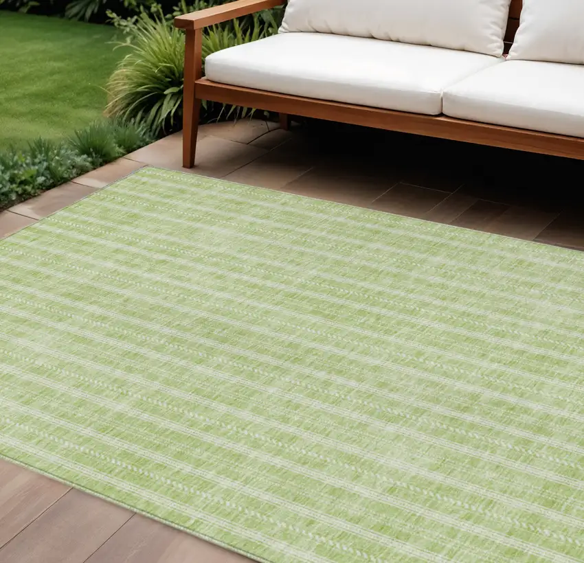 Artichoke Green And Ivory Striped Washable Indoor Outdoor Area Rug Photo 1