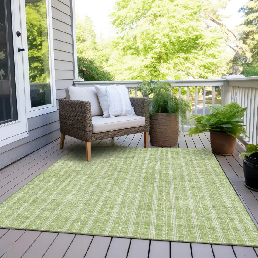 Artichoke Green And Ivory Striped Washable Indoor Outdoor Area Rug Photo 7