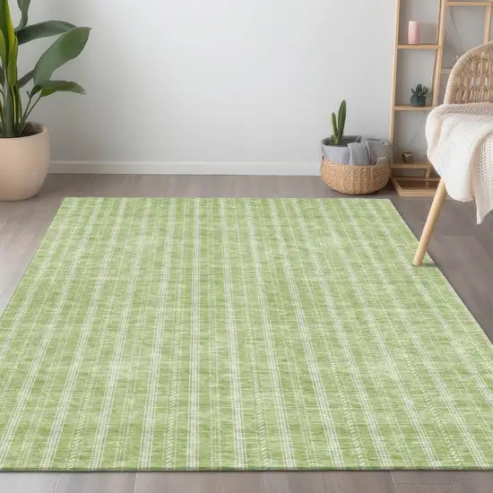 Artichoke Green And Ivory Striped Washable Indoor Outdoor Area Rug Photo 8