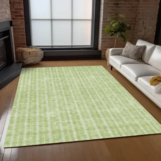 Artichoke Green And Ivory Striped Washable Indoor Outdoor Area Rug Photo 9