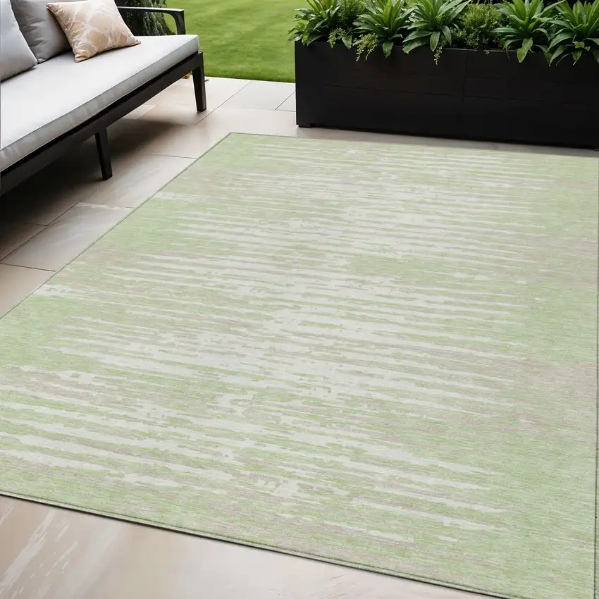 Artichoke Green And Ivory Striped Washable Indoor Outdoor Area Rug Photo 1
