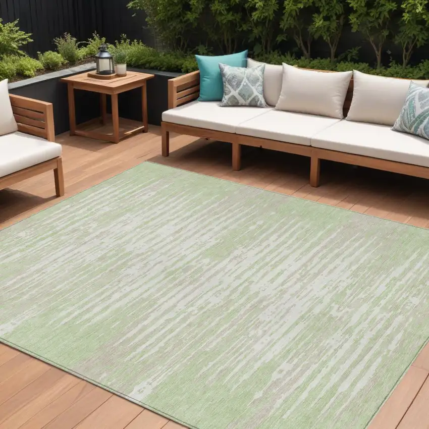 Artichoke Green And Ivory Striped Washable Indoor Outdoor Area Rug Photo 1