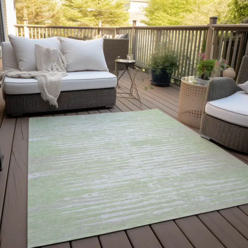 Artichoke Green And Ivory Striped Washable Indoor Outdoor Area Rug Photo 9