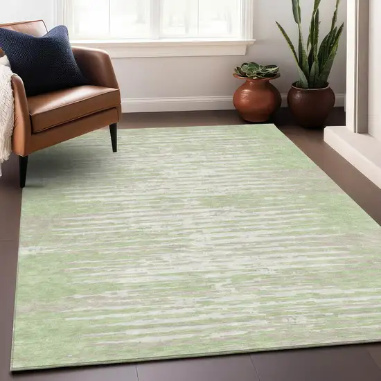 Artichoke Green And Ivory Striped Washable Indoor Outdoor Area Rug Photo 7