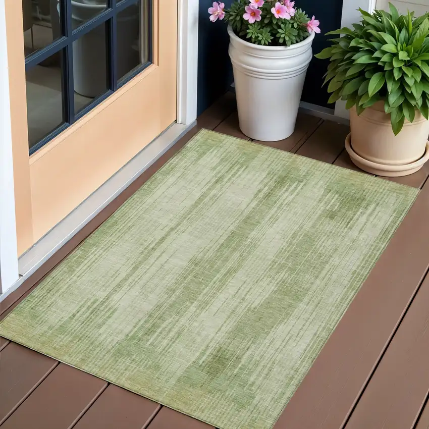 Artichoke Green And Ivory Striped Washable Indoor Outdoor Area Rug Photo 1