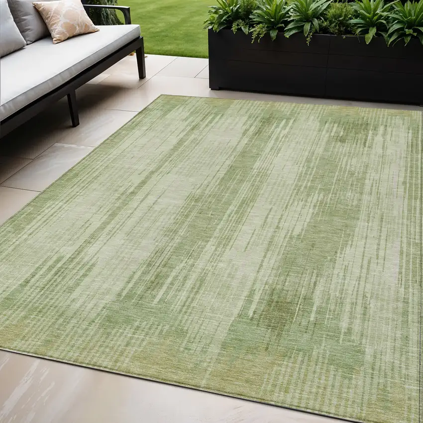 Artichoke Green And Ivory Striped Washable Indoor Outdoor Area Rug Photo 1