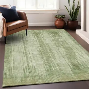 Photo of Artichoke Green And Ivory Striped Washable Indoor Outdoor Area Rug