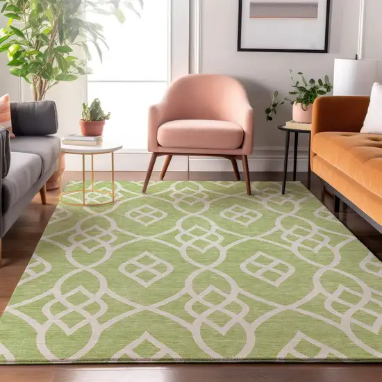 Artichoke Green And Ivory Trellis Washable Area Rug With UV Protection Photo 5